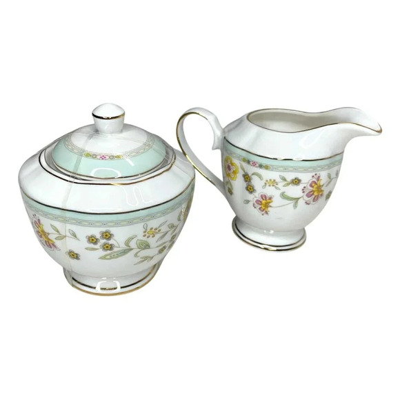 Grace Teaware Floral Sugar Bowl & Creamer Set Fine Porcelain Gold Trim Tea Party - Picture 2 of 6